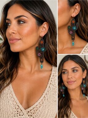 JUSTIN Genuine Leather Cactus Earrings Embroidered Turquoise Western NWT